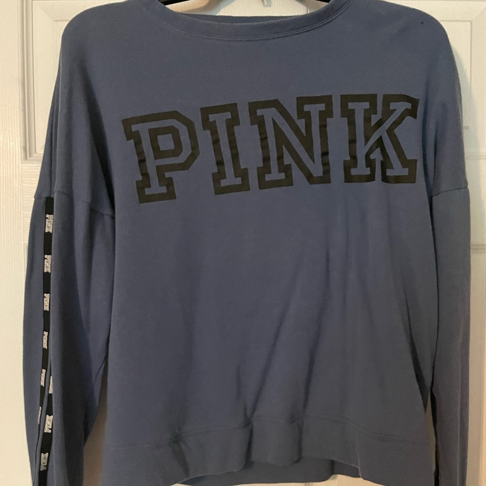 Blue PINK cropped sweatshirt, PINK detailing on sleeves.